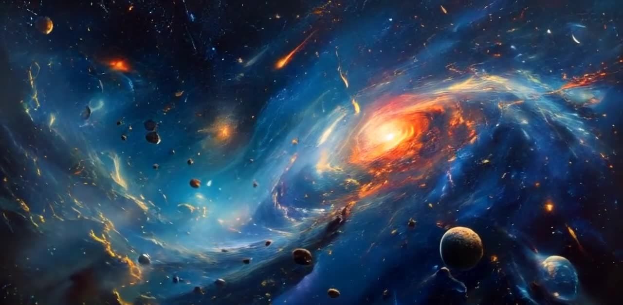 浩瀚的宇宙背景中，弥漫着蓝色和金色的星云状物质。画