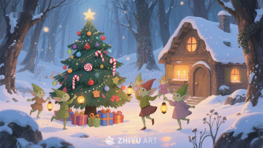 精灵围绕圣诞树欢庆节日 135