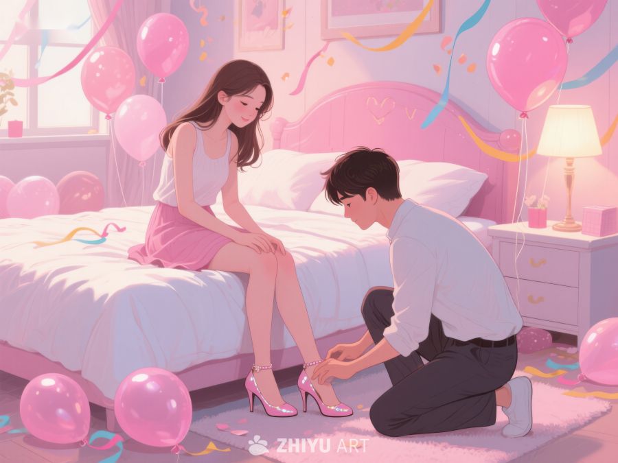温馨卧室中的一幕：男子为女子穿鞋 852
