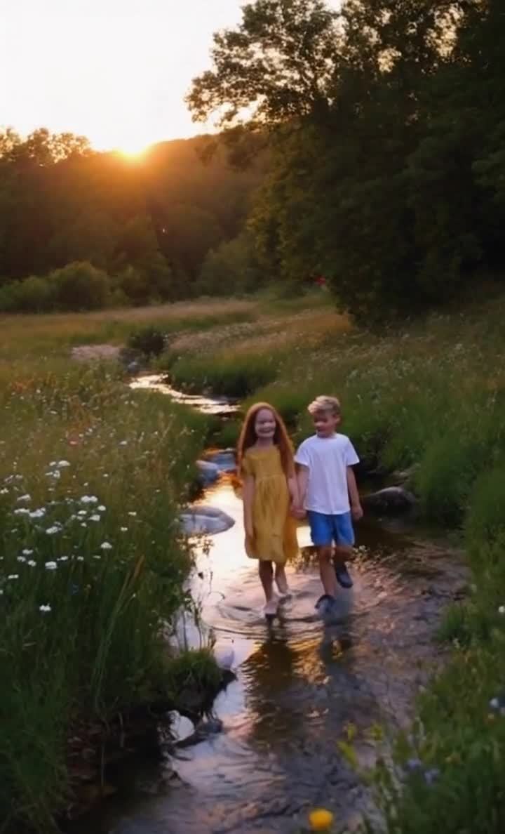 溪水中手牵手行走的两孩子，夕阳照耀下的童年
