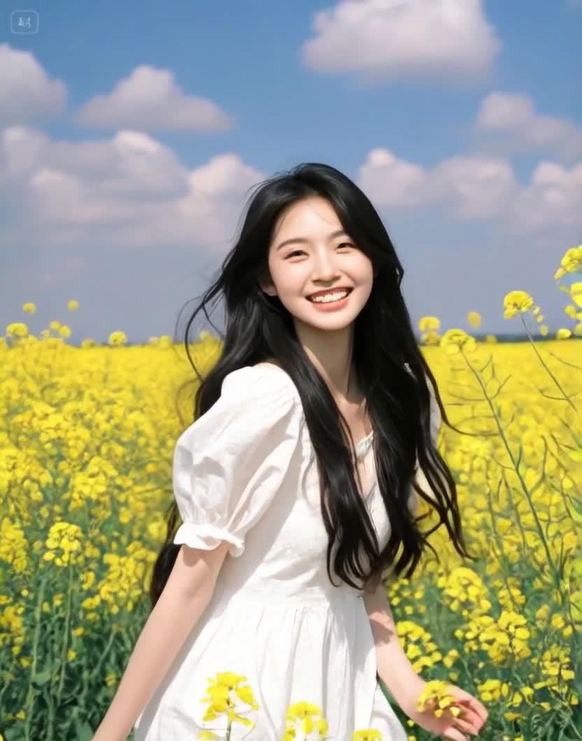 一位长发披肩的年轻女性站在一片盛开的黄色花田中。她