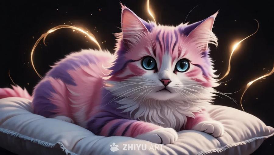 一只毛发呈粉色和紫色的动漫风格猫咪，长着白色的胡须