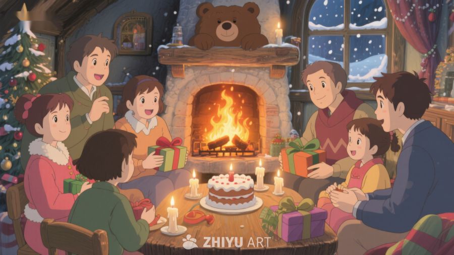 温馨家庭圣诞夜围炉庆祝 257