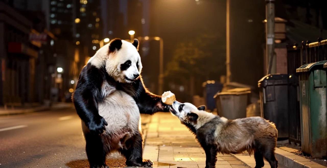 街道上，昏暗的路灯照亮了地面。一只熊猫站立着，手拿