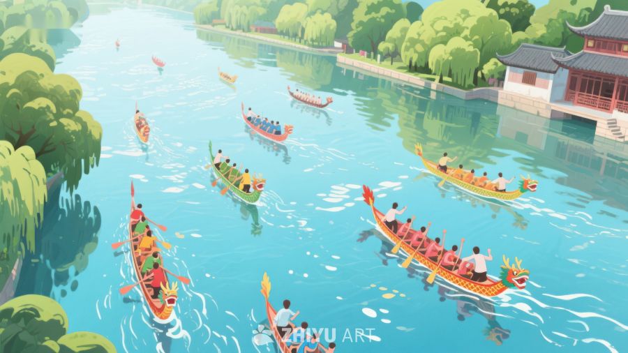 龙舟竞渡，碧水环绕古建筑 235