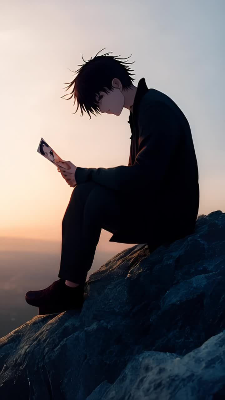 一个动漫人物坐在岩石上，他手里拿着一张几乎撕破的照