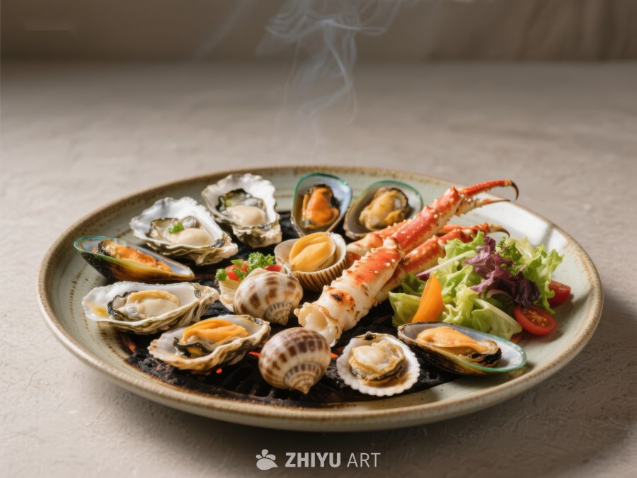 海鲜拼盘：新鲜贝类与蟹爪的美味组合