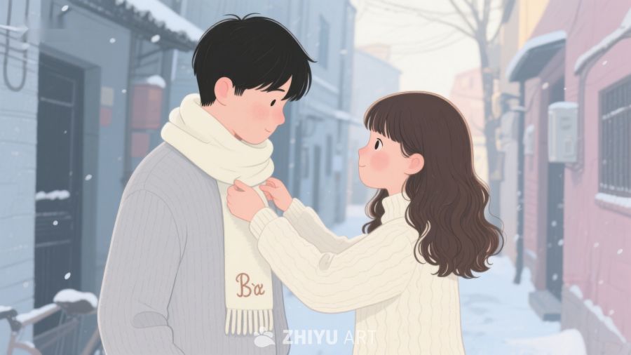 冬日街头，女孩为男孩整理围巾 128