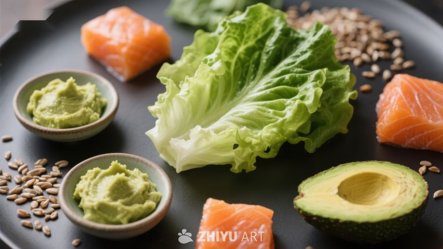 健康食材组合：三文鱼、牛油果与生菜
