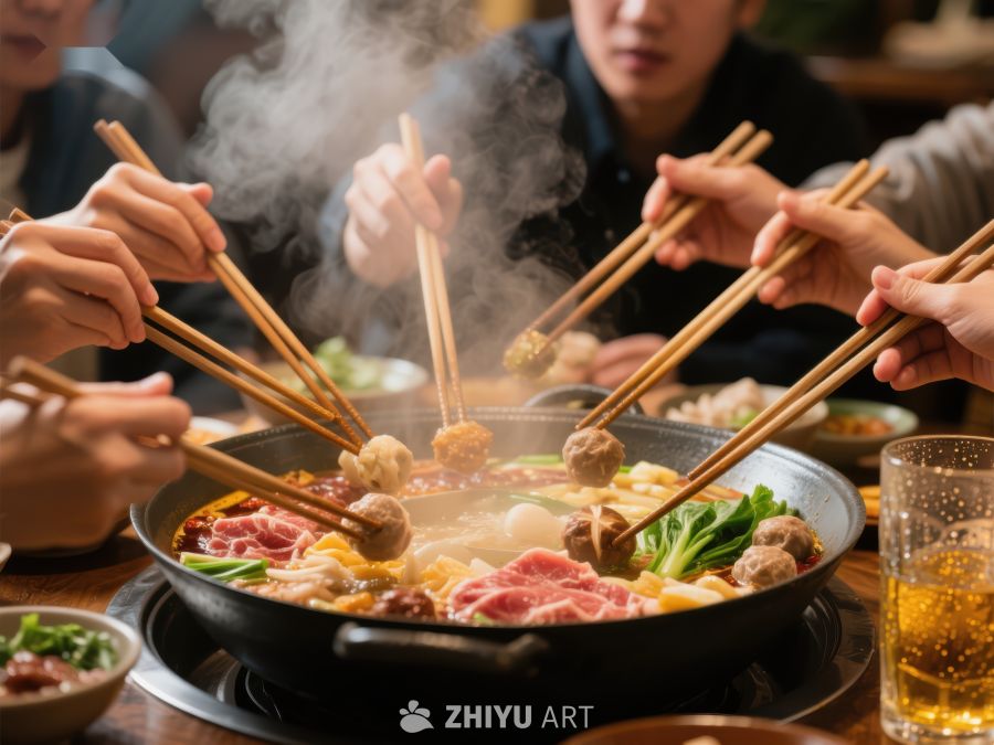 多人围坐享用热气腾腾的火锅 78