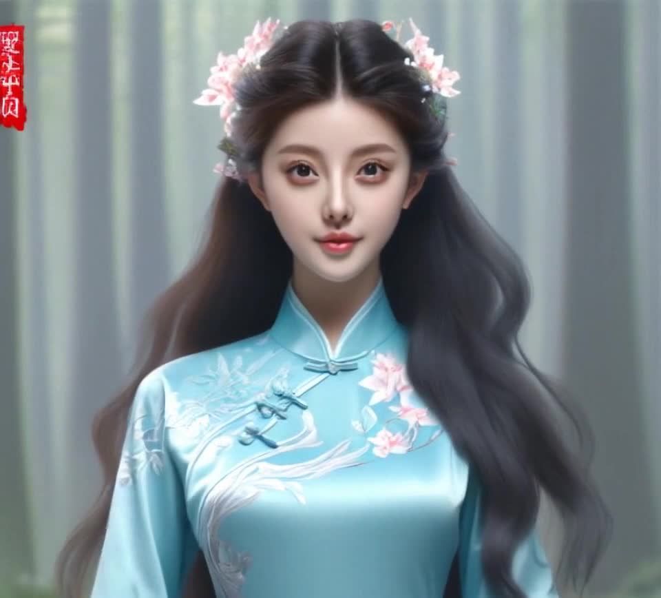 一位年轻女子，留着黑色长发，戴着粉色花朵头饰。她身