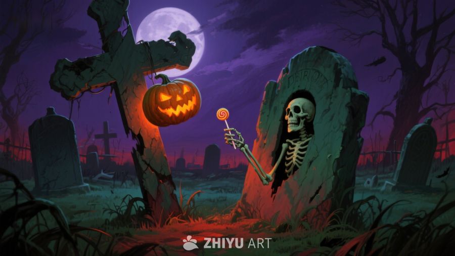 万圣夜墓地骷髅与南瓜灯