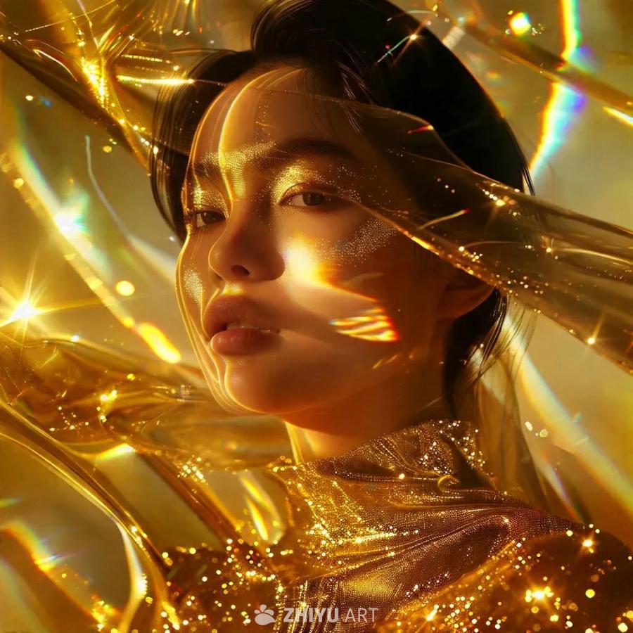 一个身着金色服装的女性，脸部被半透明的金色线条和光