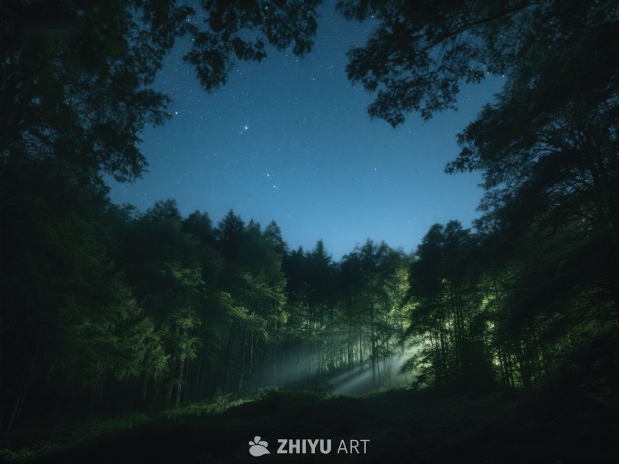 夜幕森林，星光与光束交织 462