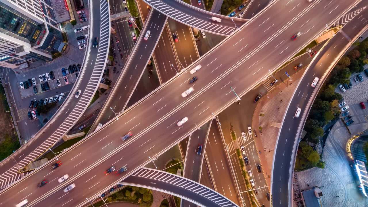 湖南长沙湘府路高架交通车流航拍延时摄影 