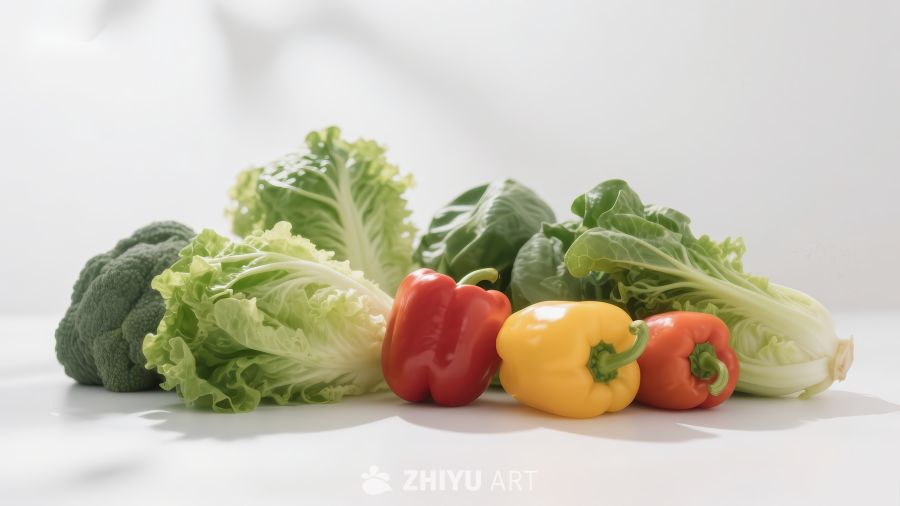 新鲜蔬菜组合：彩椒与绿叶菜