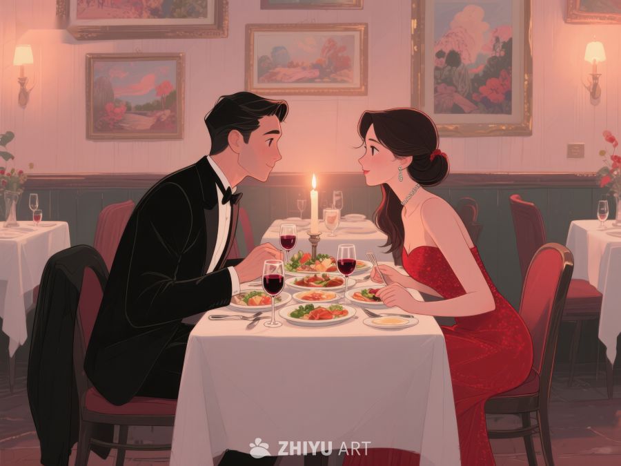浪漫晚餐：情侣在餐厅共享美食 438