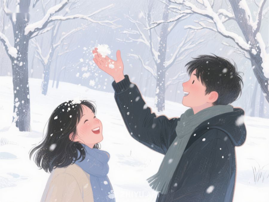 冬日雪景中欢笑的两人 102