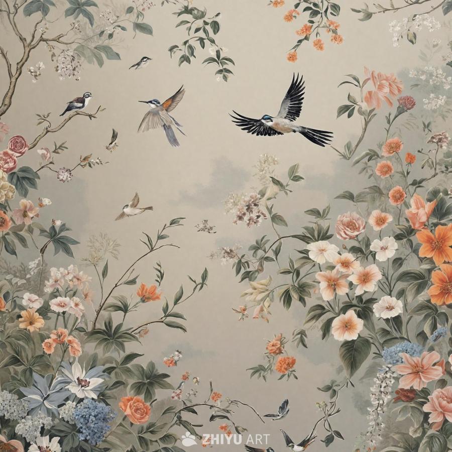 一幅墙纸图案，展现了多种花卉和鸟类。花朵散布在整个