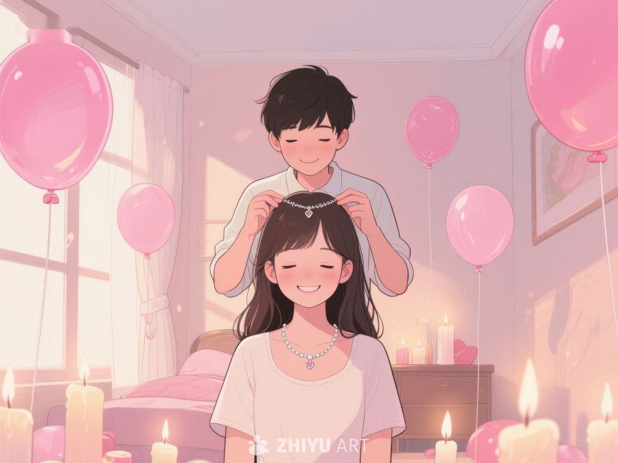 温馨室内，男孩为女孩整理发饰 799