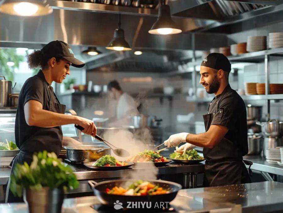 厨房里，两位厨师正在准备食物。一位戴着黑色帽子和手
