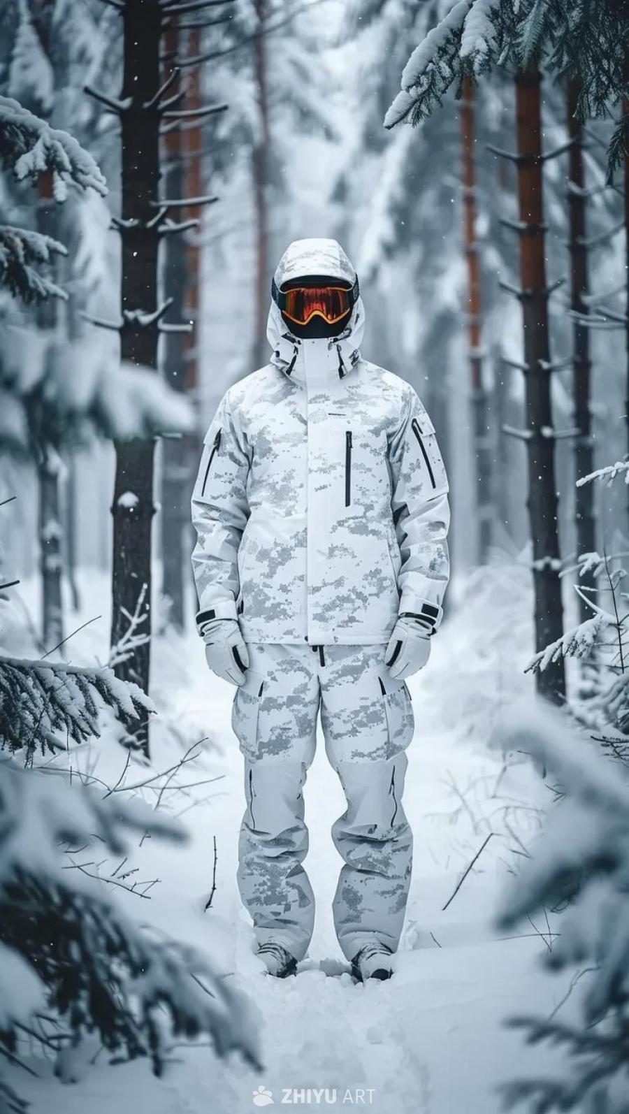 白雪皑皑的森林中，站立着一个穿着白色迷彩服的人。他