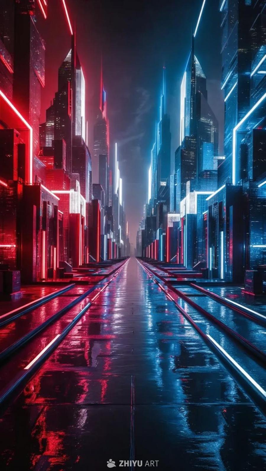 红色、蓝色和白色构成的景观，霓虹灯冷光照明。画面呈