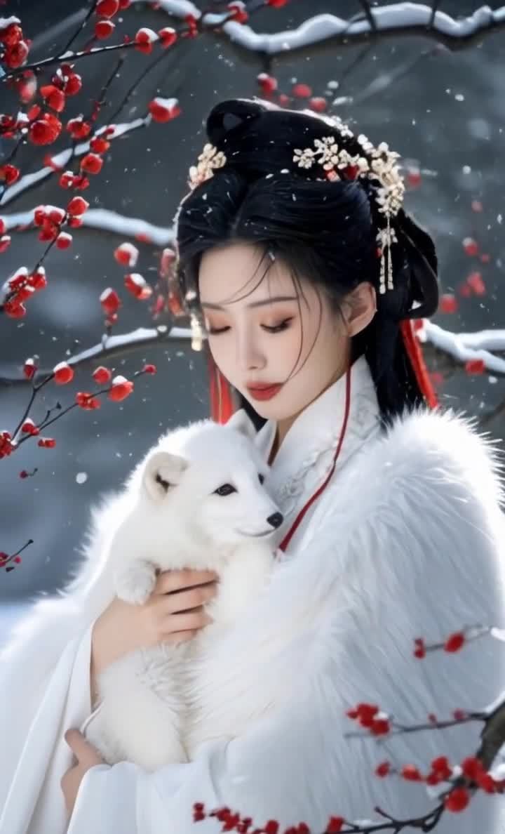 雪中美人怀抱白狐，红梅点缀，唯美意境