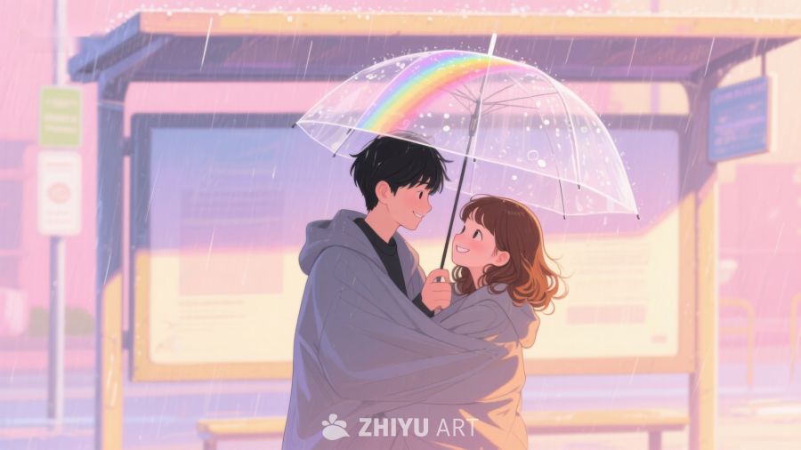 雨中情侣共撑彩虹伞 632