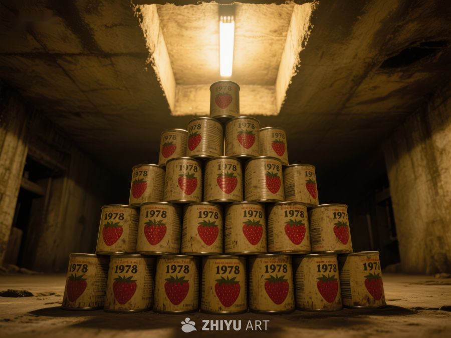 堆叠罐头在昏暗地下室 118