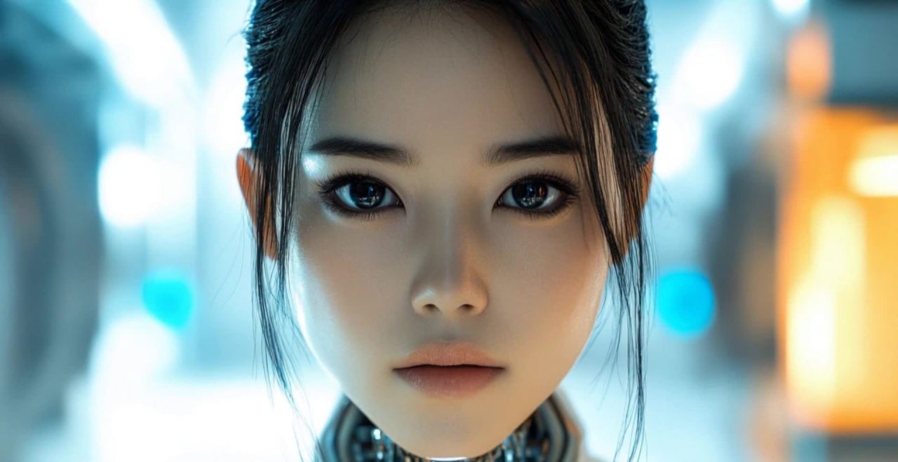 黑发白肤女性特写，未来科技感背景光影。