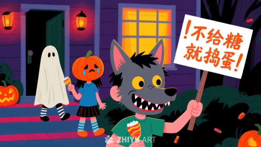 万圣节夜，孩子们装扮讨糖