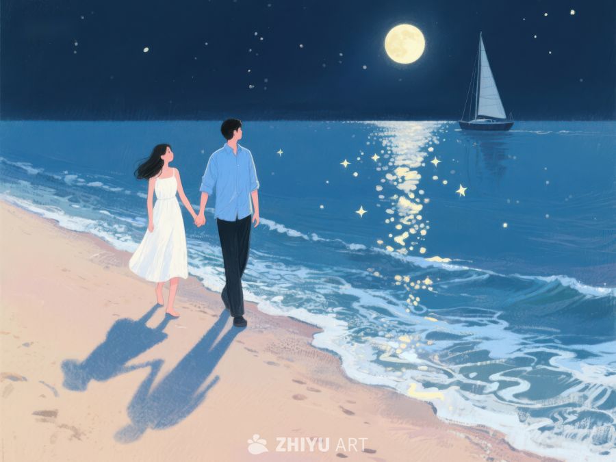 月下情侣海滩漫步 1225