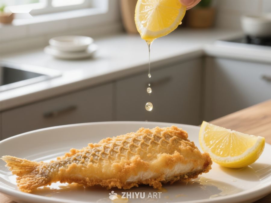 柠檬汁滴落炸鱼，厨房美食场景