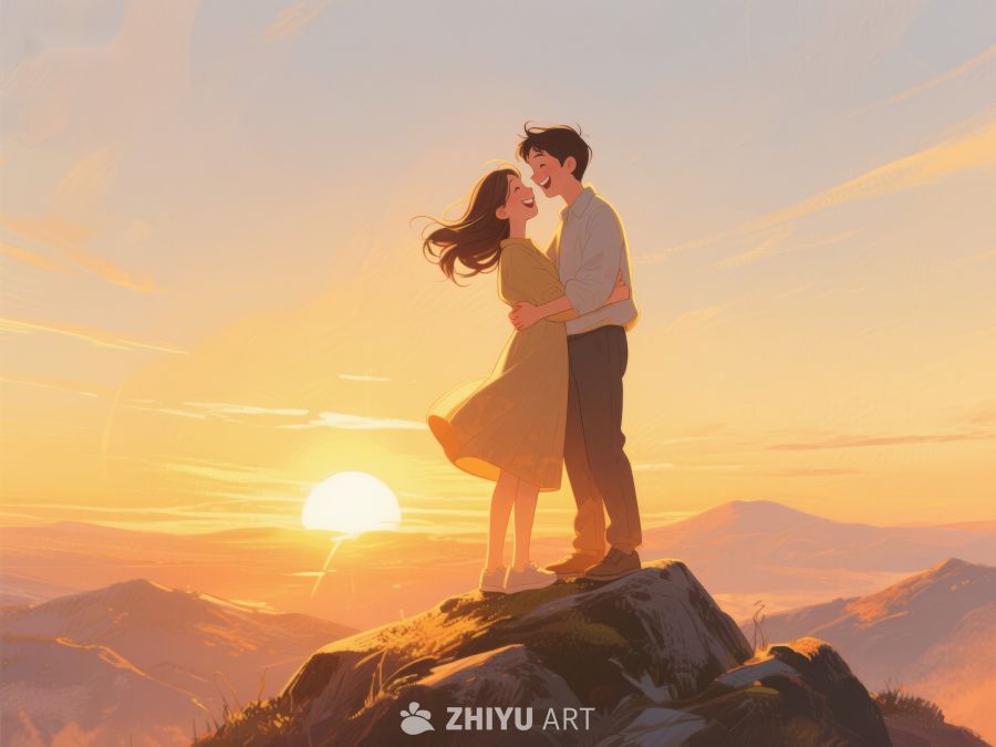 山顶情侣日落相拥 639