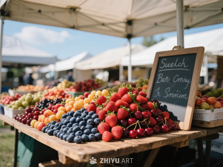 新鲜水果摊位，色彩缤纷的浆果展示 643