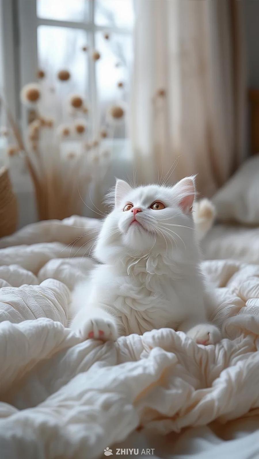 一只白色的小猫在房间一角，它拥有柔软的毛发和活泼的