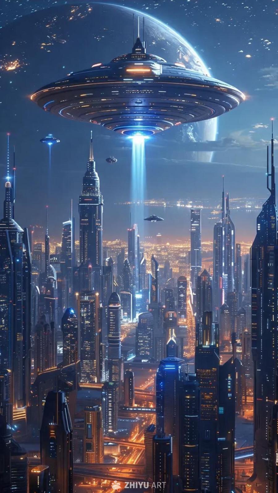 一艘宇宙飞船降落在科技城市中，画面呈现全景视角，整