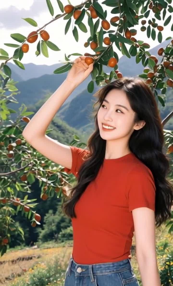 采摘果实的微笑女孩，青山绿树背景下的清新瞬间