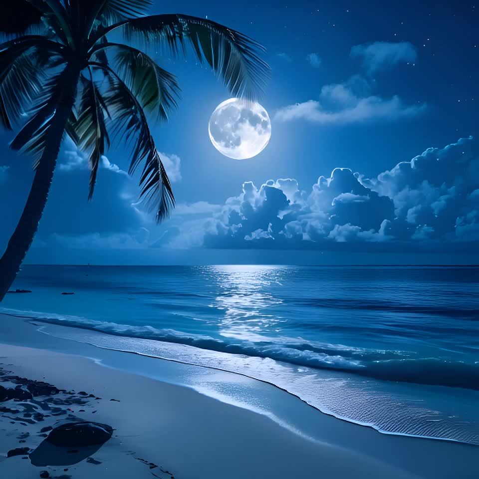 海边夜景，一棵棕榈树位于左侧，树叶伸向画面上方。海