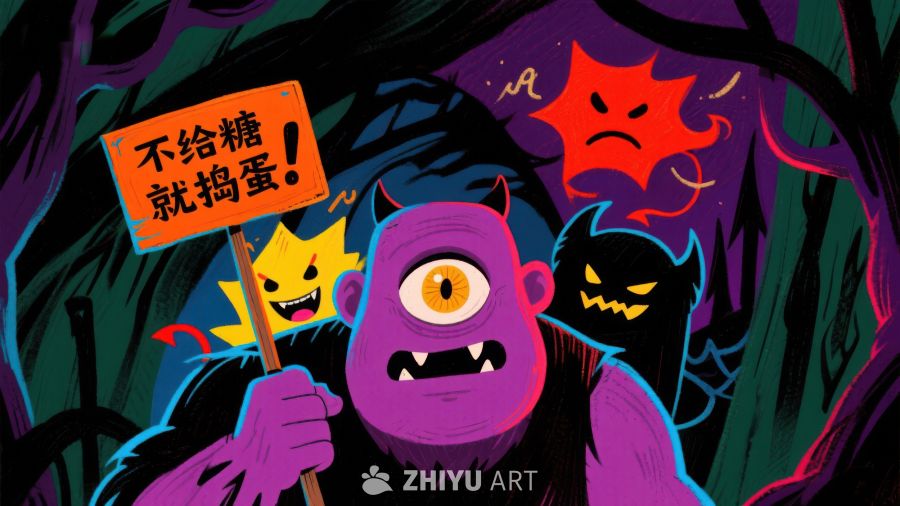 万圣节怪物夜行，手持标语牌
