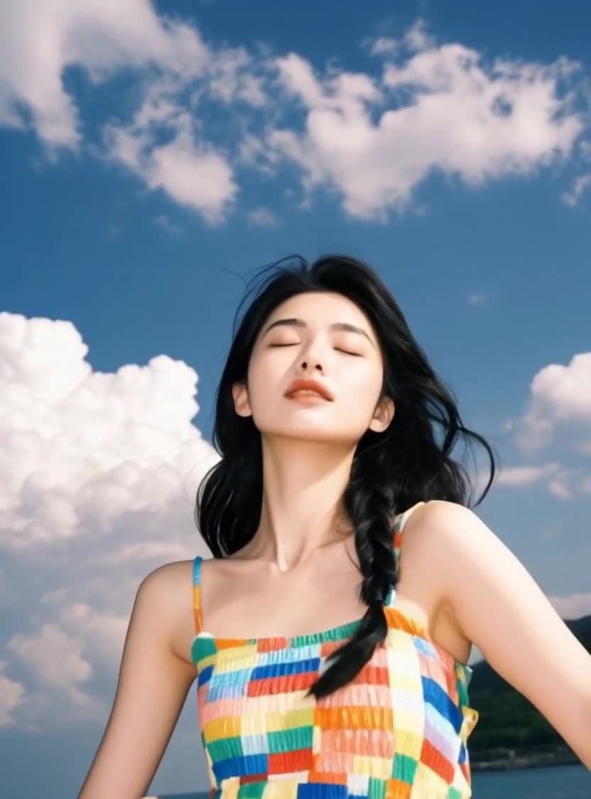一位年轻女性站在蓝天白云下，闭着双眼，面容放松。她