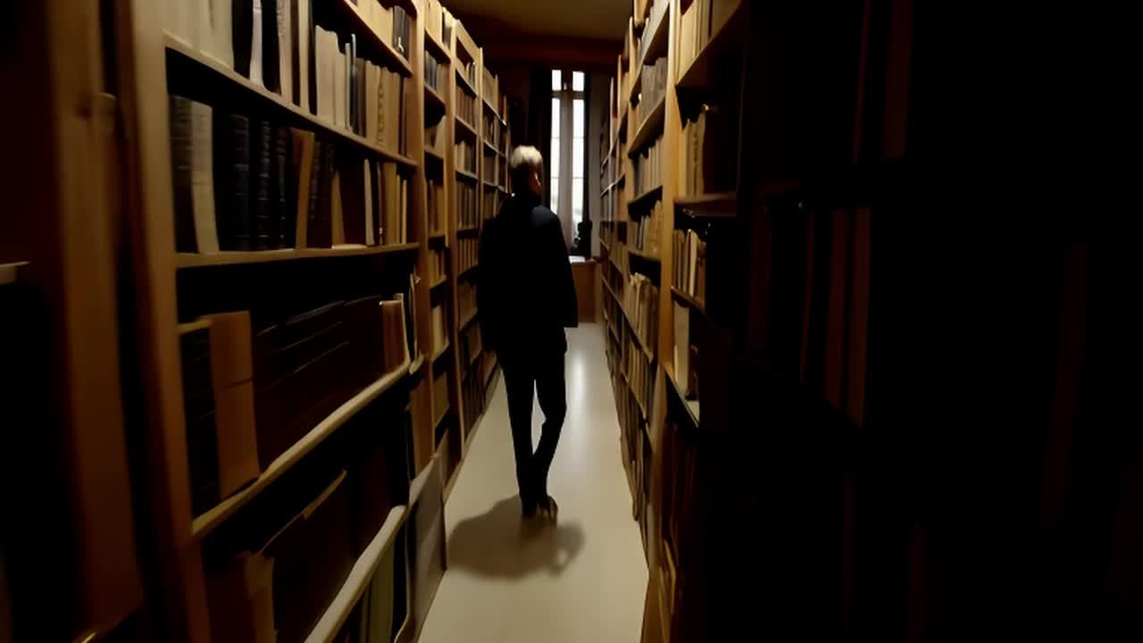 一个人走在堆满文件书架的房屋中。房屋内从地面到天花