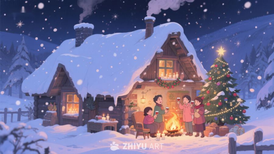 冬夜温馨小屋前的欢聚时刻 90