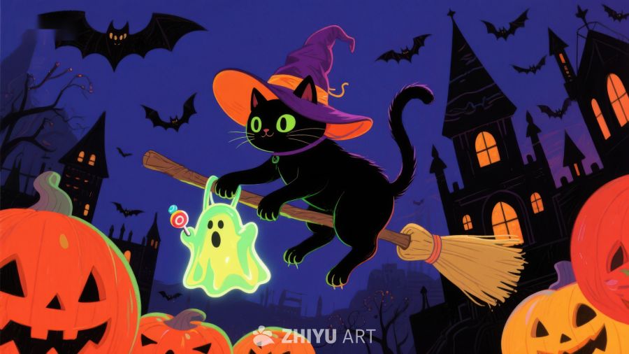 万圣夜猫巫骑帚，鬼魂南瓜映古堡