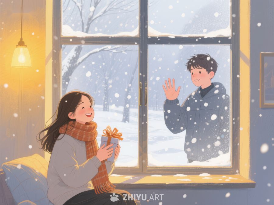 窗内温馨送礼，窗外雪中挥手 69