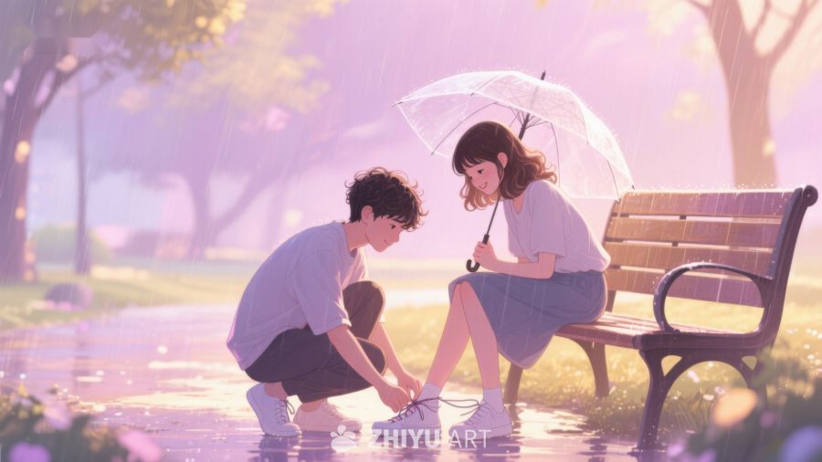 雨中公园，少年为少女系鞋带 637