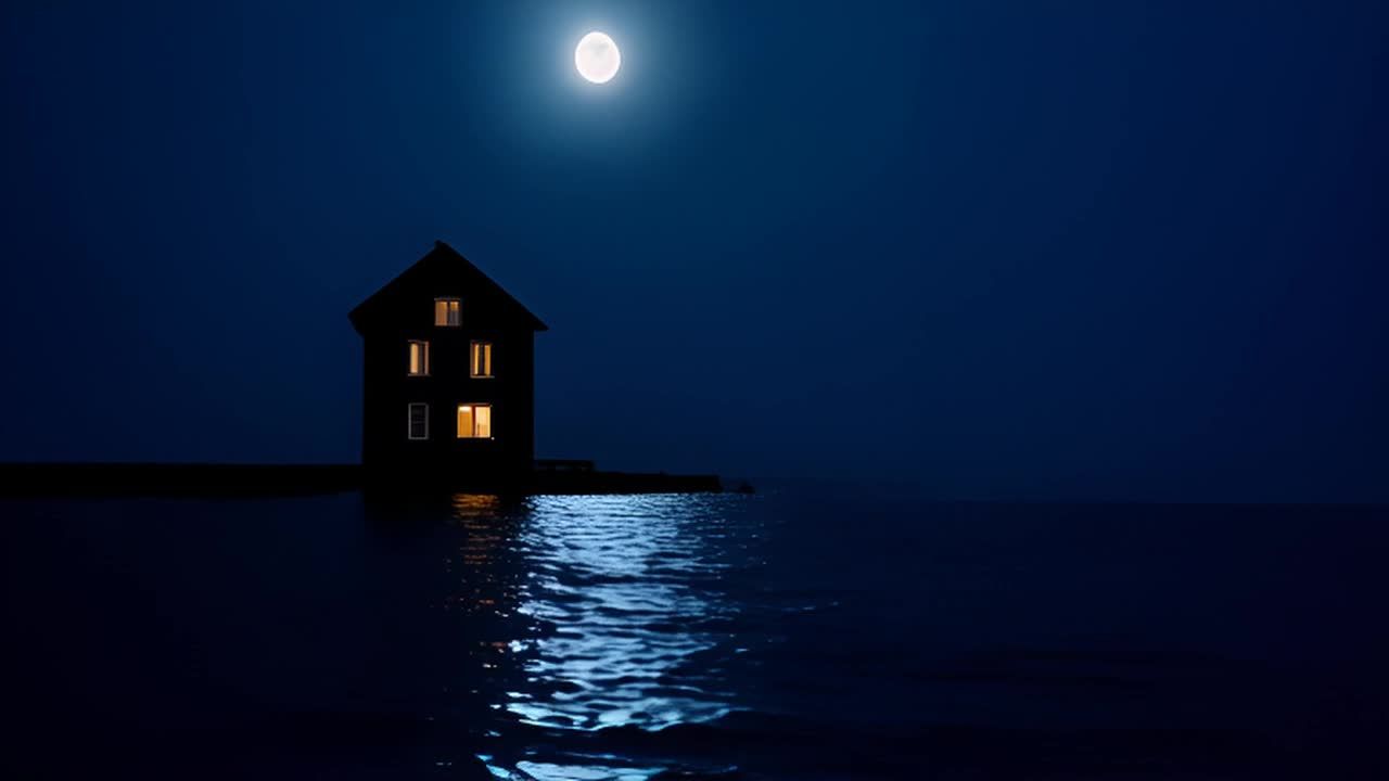 一栋房子在午夜时分靠近海边。月亮在平静的深色水面上