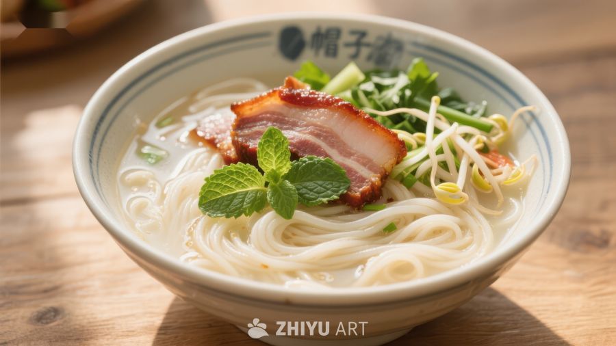 一碗美味的面条配以蔬菜和肉片