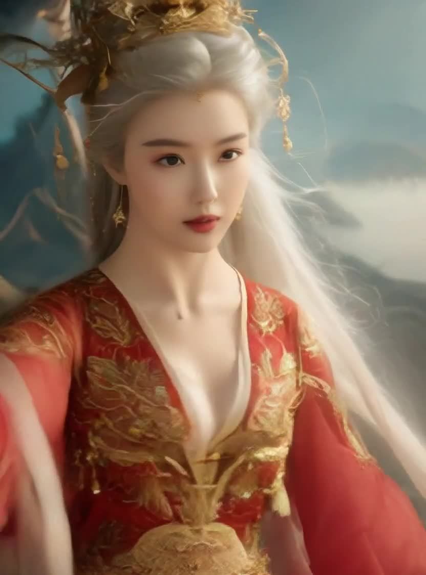 红衣汉服美女，金色龙纹，白发金饰，精致奇幻美学。